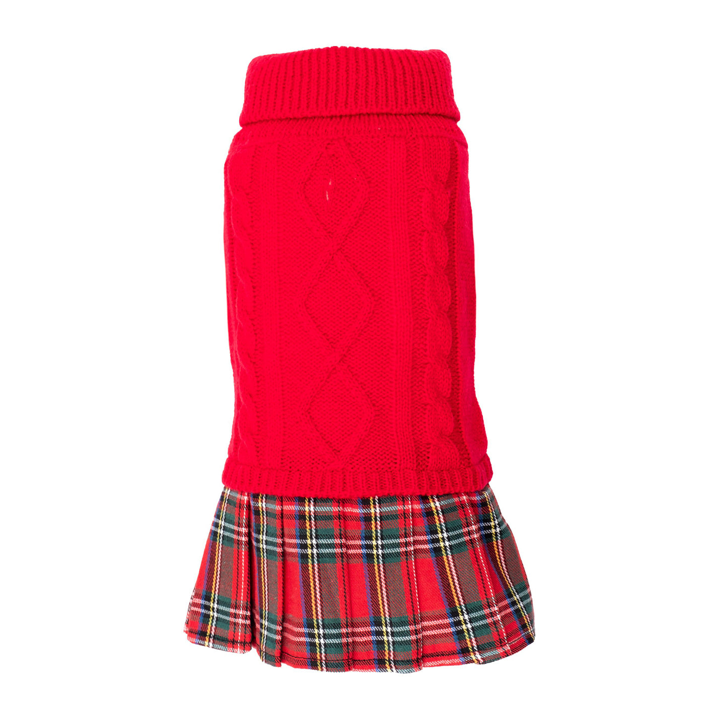 Red cable knit sweater dress with tartan plaid skirt