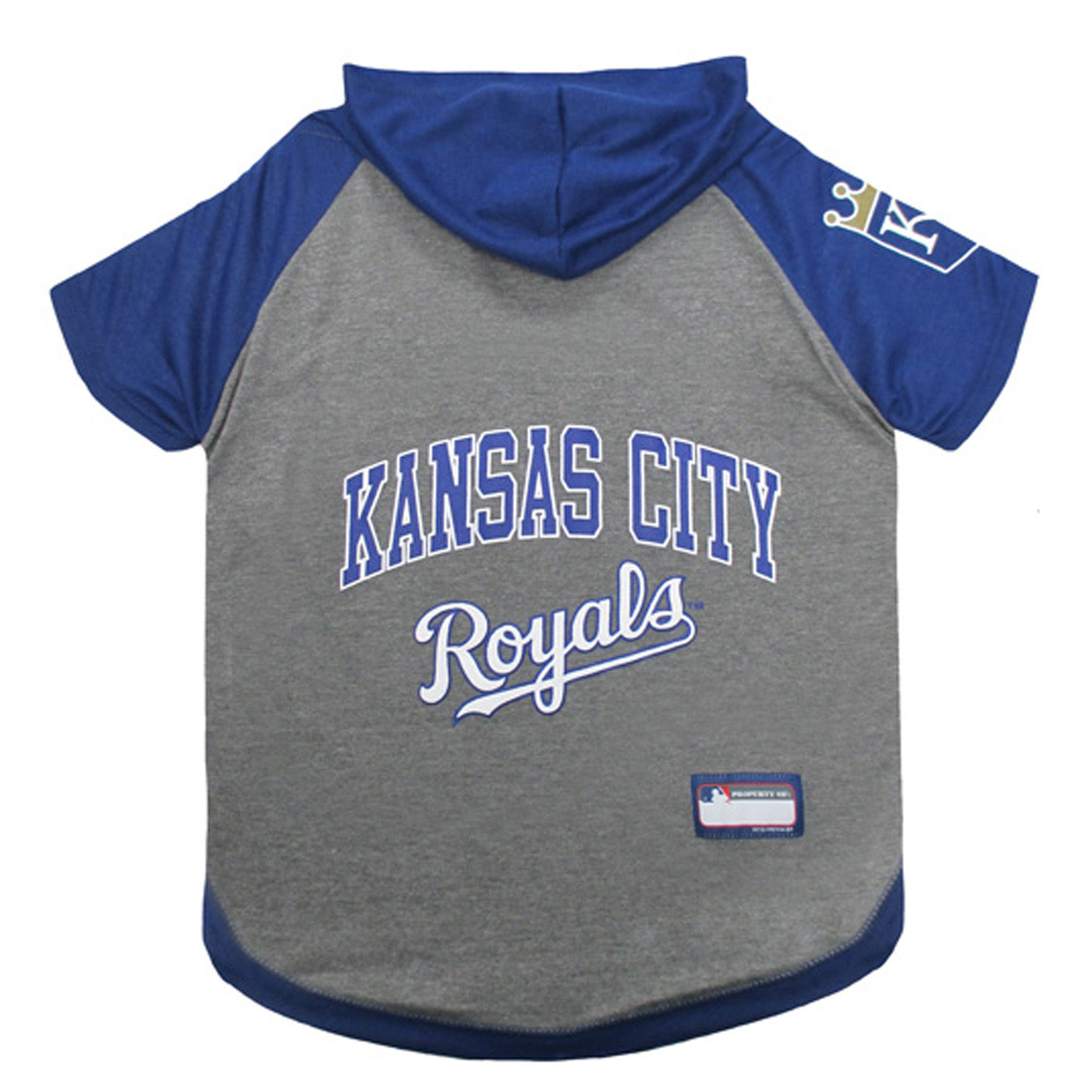 KC Royals dog hoodie. Gray with blue sleaves and hood.
