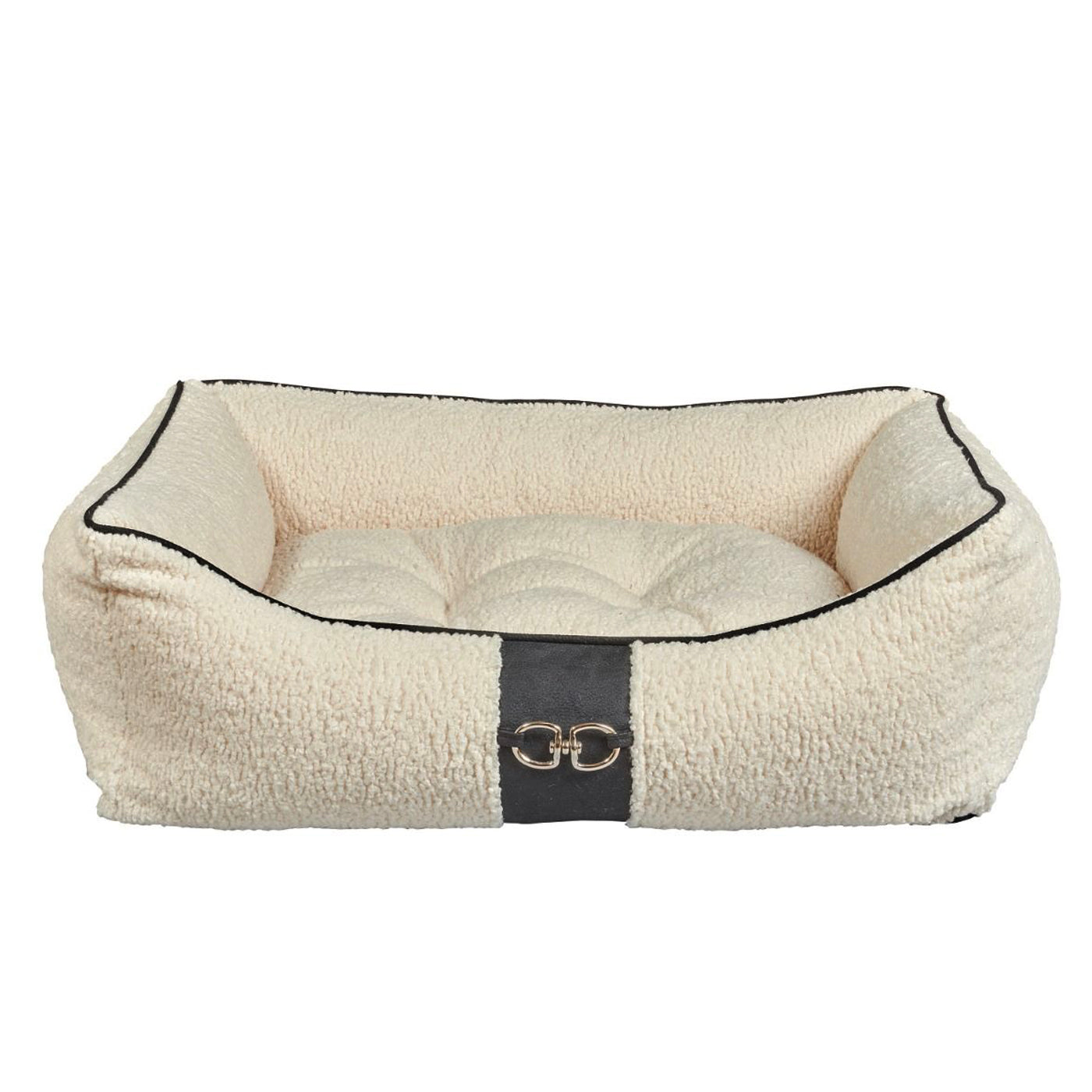Bowser Pet Bed in their signature scoop with sherpa material, leather detail and silver front clasp
