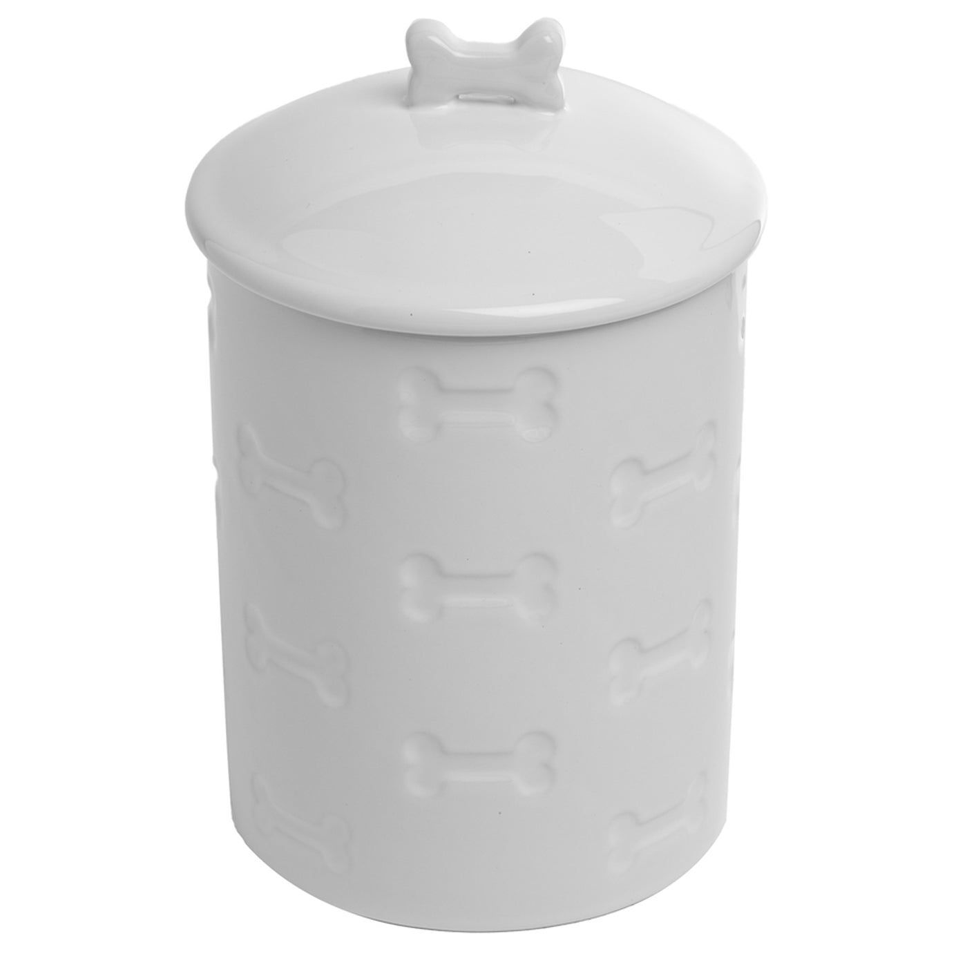 Grey ceramic treat jar with lid. Embossed bones design.