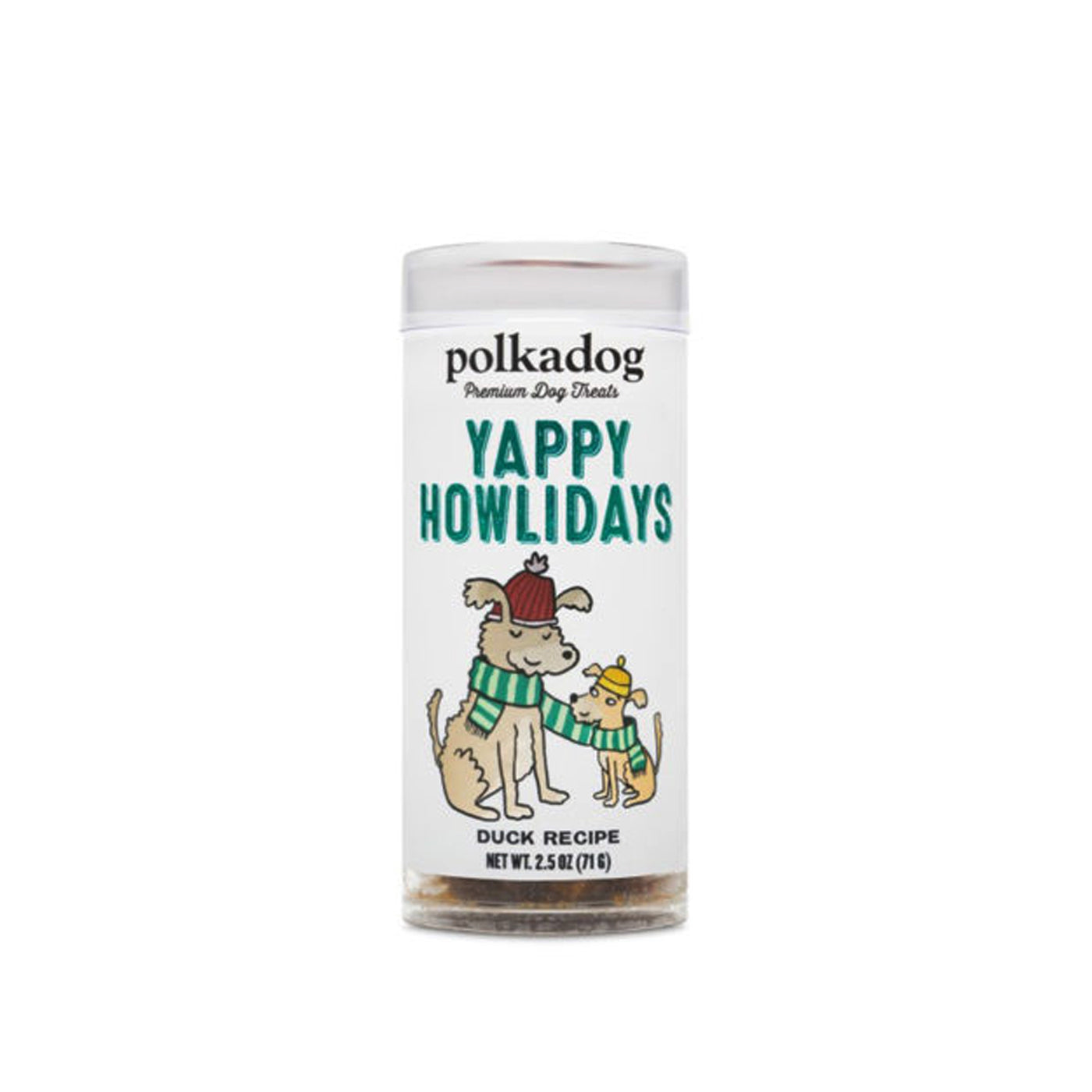 Polka Dog Bakery yappy holidays bite sized soft Duck flavored dog treats in a travel size container.