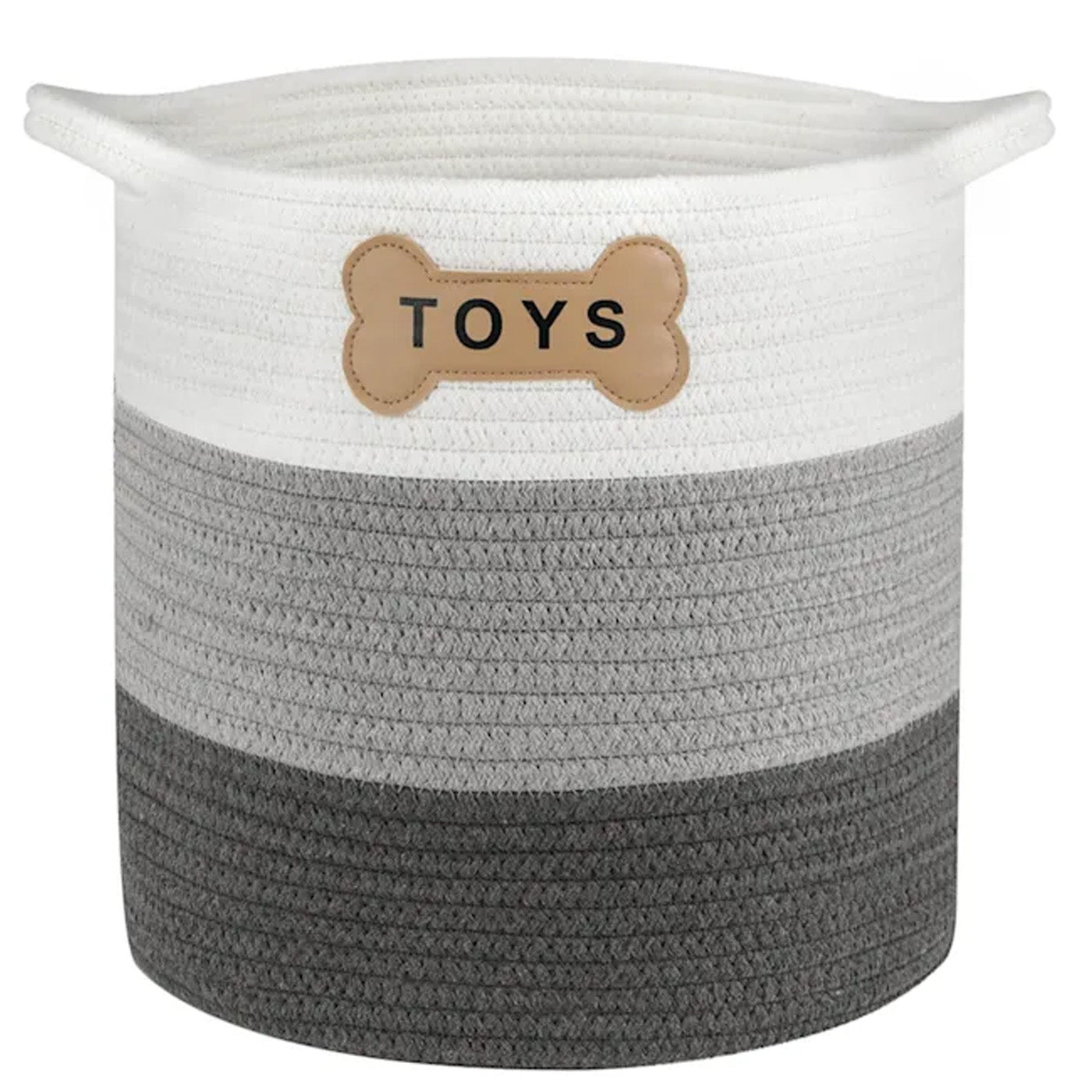 Braided toy basket.  Dark gray, light gray and white striped.