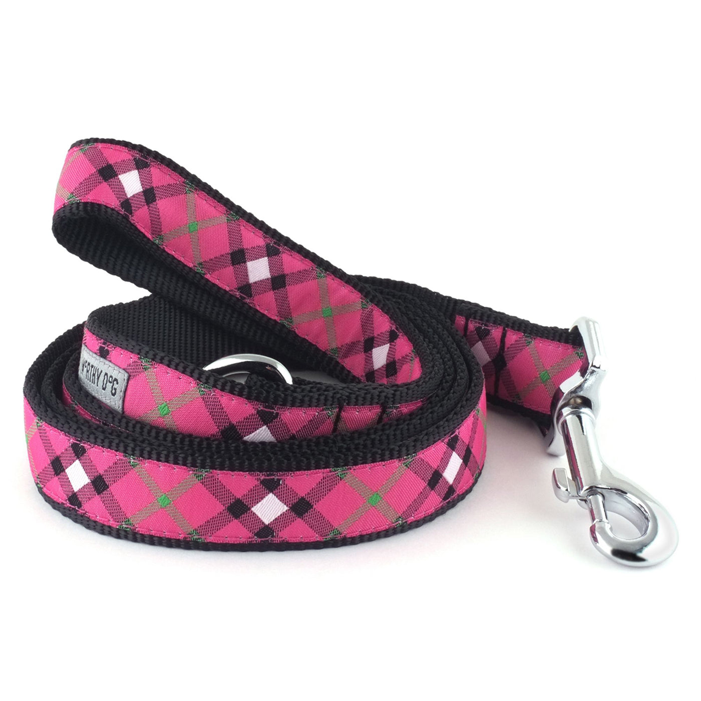 Hot pink and black plaid nylon dog lead