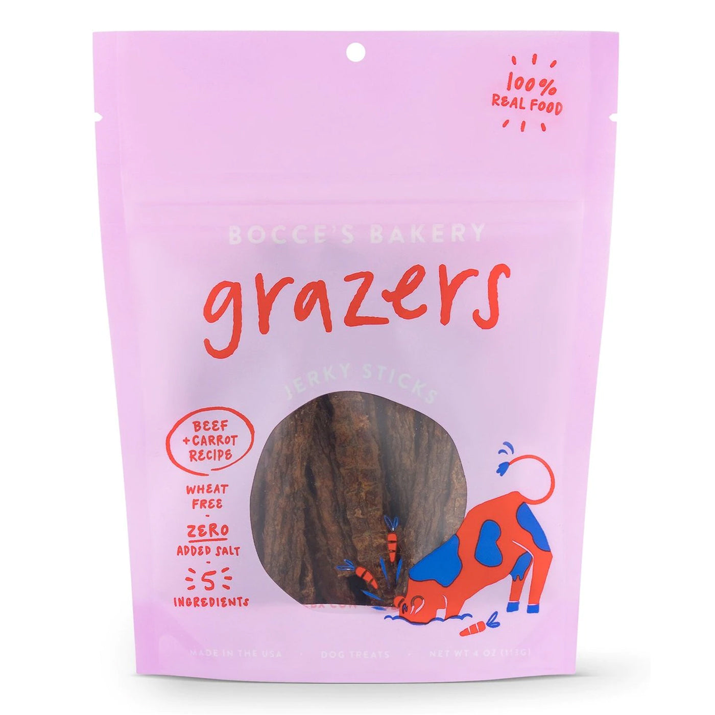 Bocce's Bakery "grazers" jerky sticks for dogs. Beef and carrot flavored. 4 oz