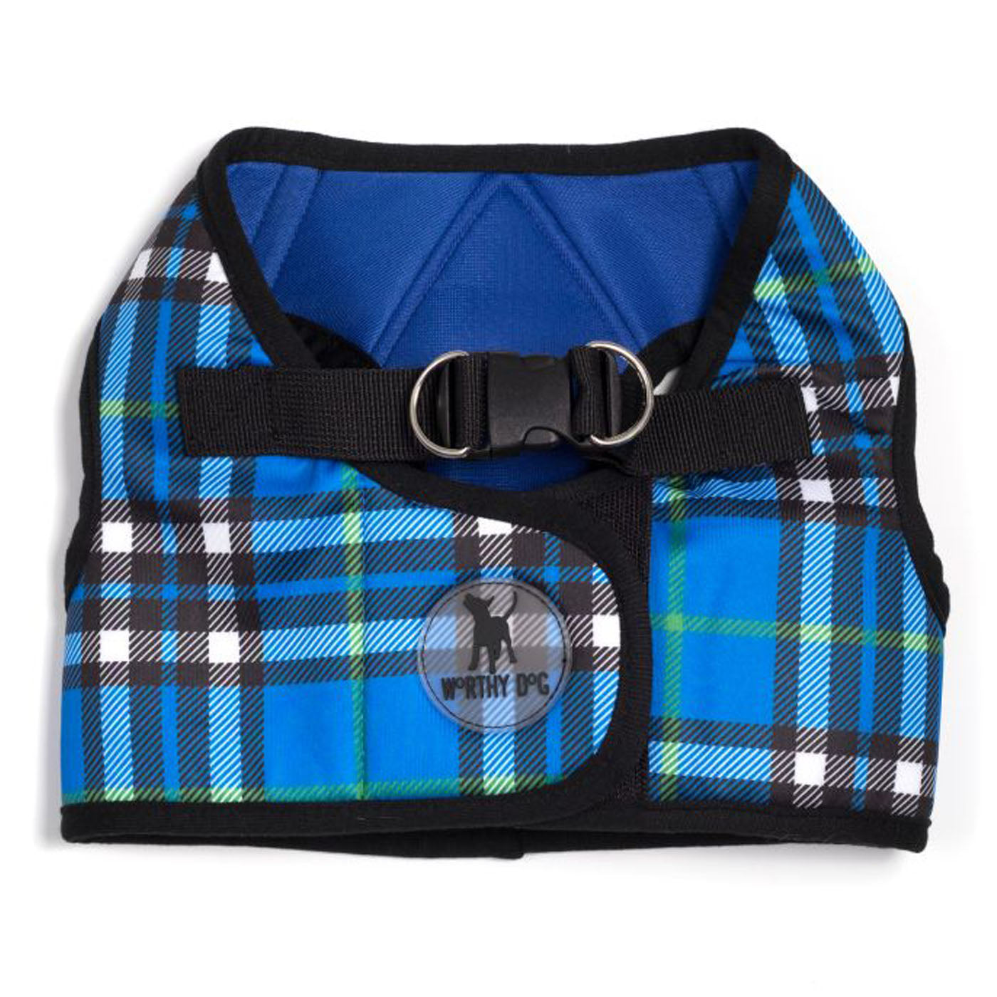 blue plaid dog harness
