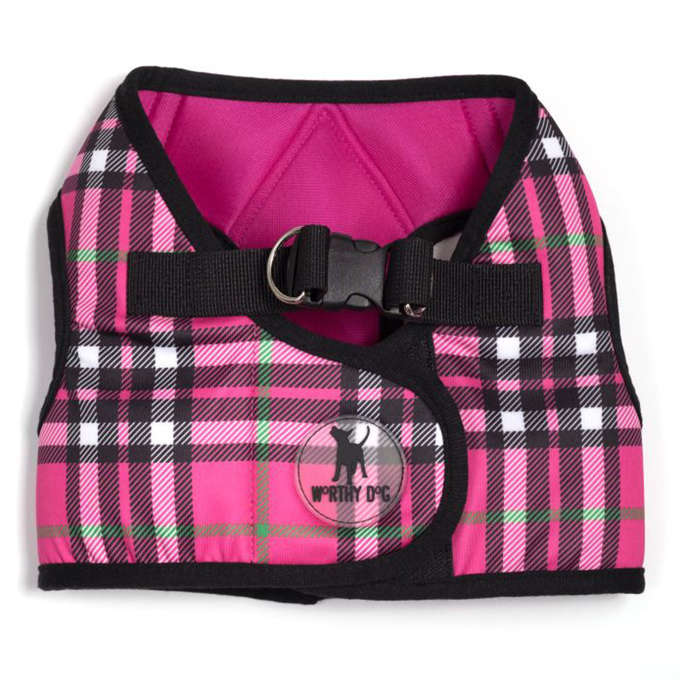 Hot pink plaid with black trim dog harness.