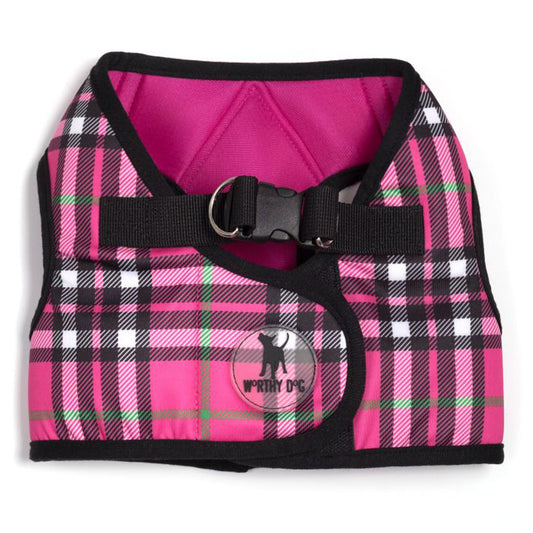 Hot pink plaid with black trim dog harness.