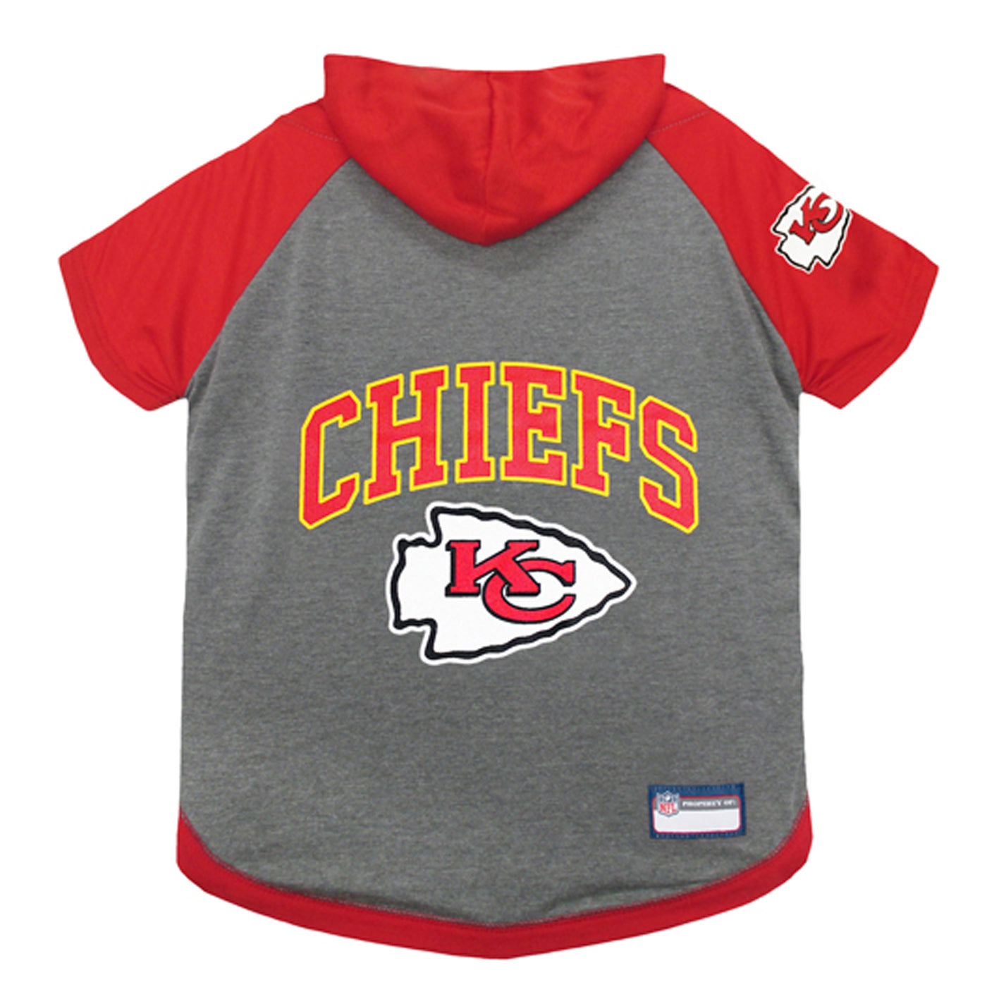 Chiefs grey sweatshirt with red hoodie and tshirt sleeves.