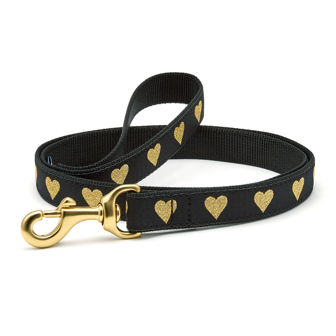 Dog leash black with gold hearts.