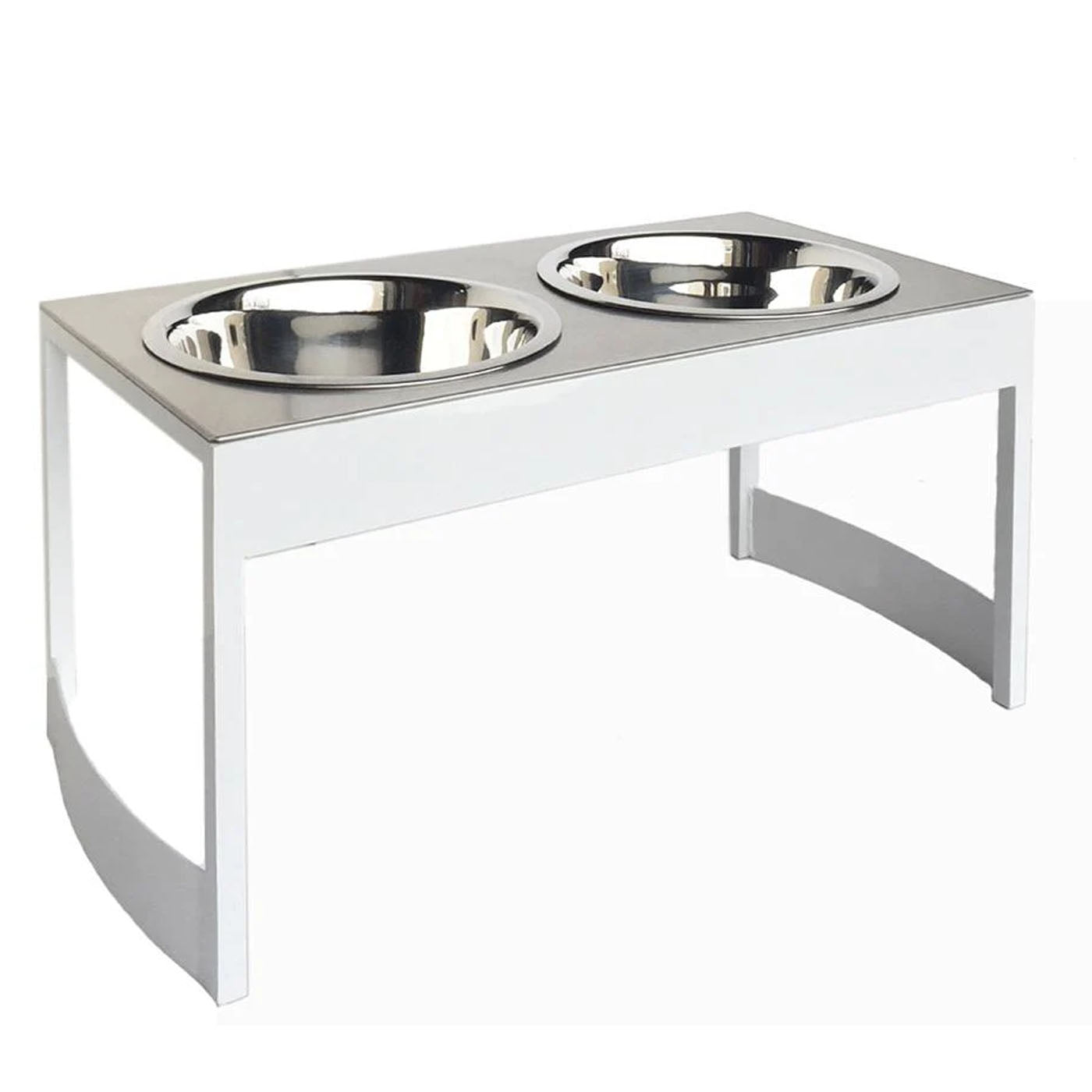 Double diner dog feeder. Stainless steel bowls in white steel holder.