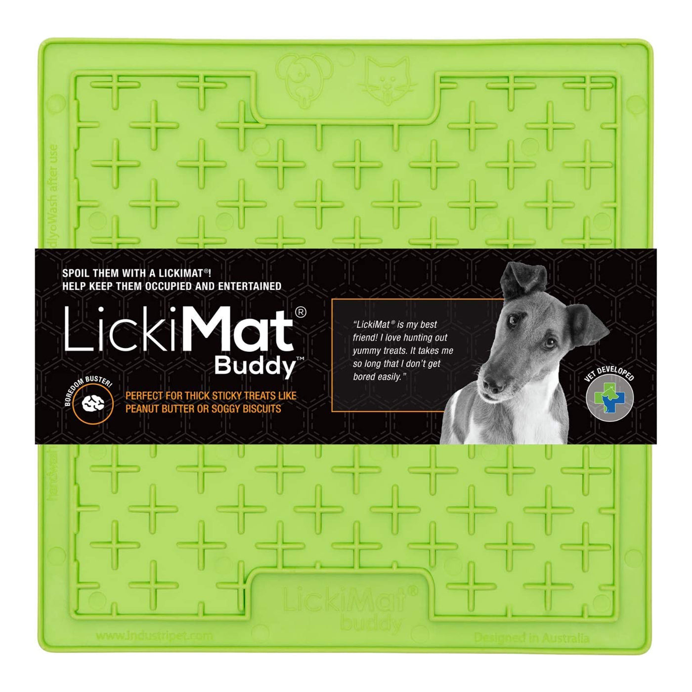 Lickimat Buddy with plus sign design. Lime green or orange