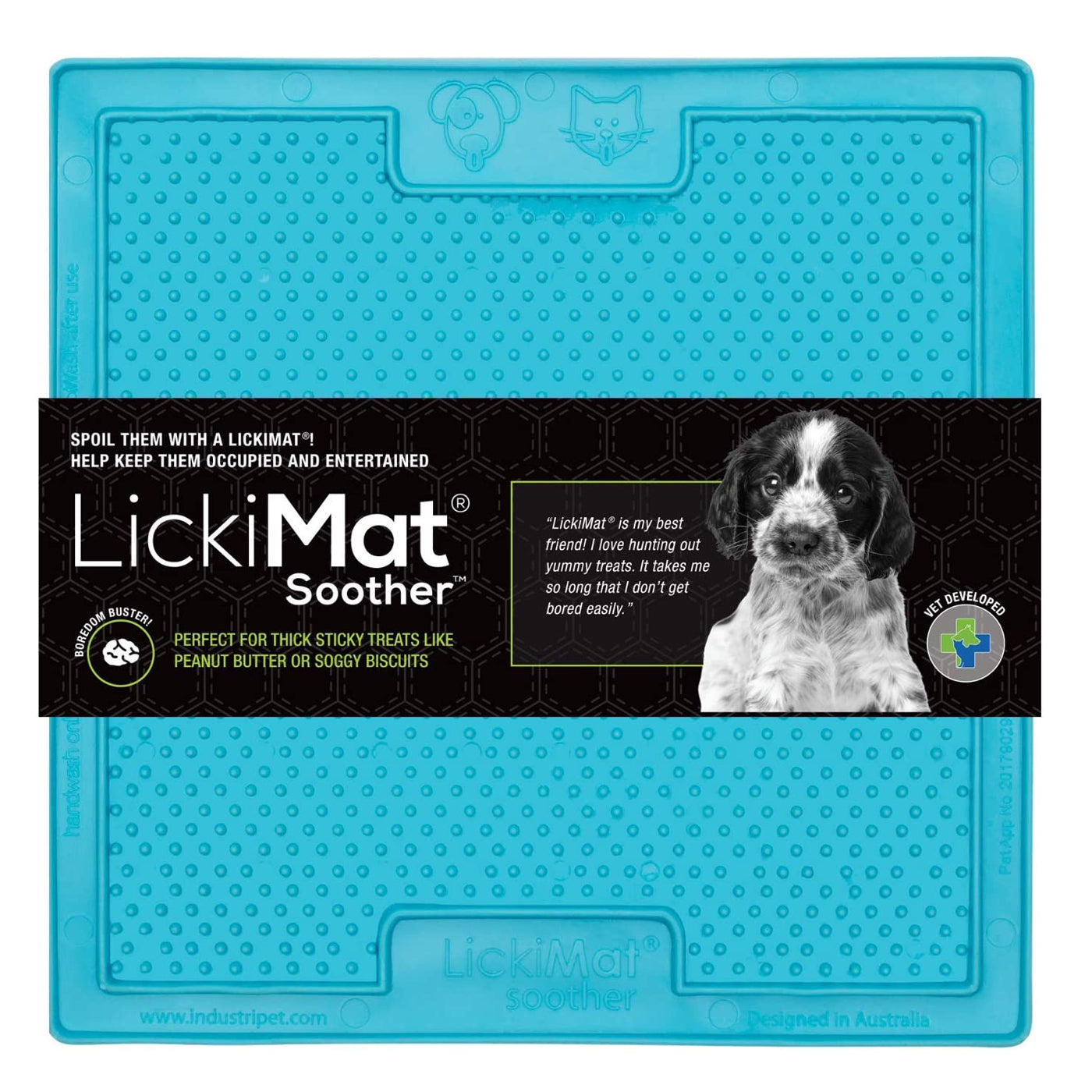 Lickimat soother in bright blue or lime green.