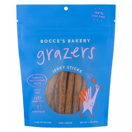 Bocce's Bakery "grazers" jerky sticks for dogs.  Turkey and sweet potato. 4 oz