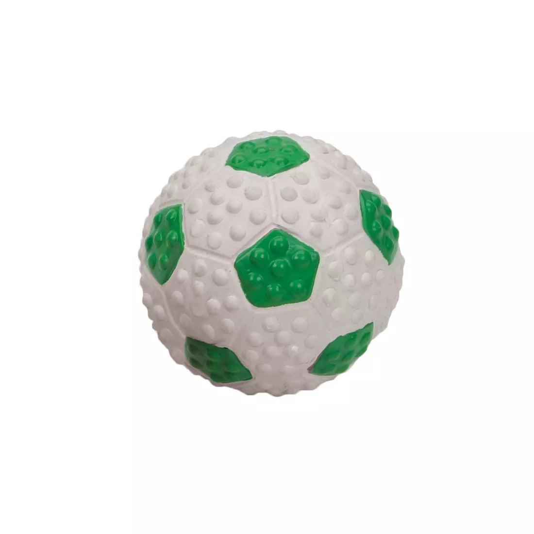 Small rubber soccer ball dog toy. Green and white with squeaker.