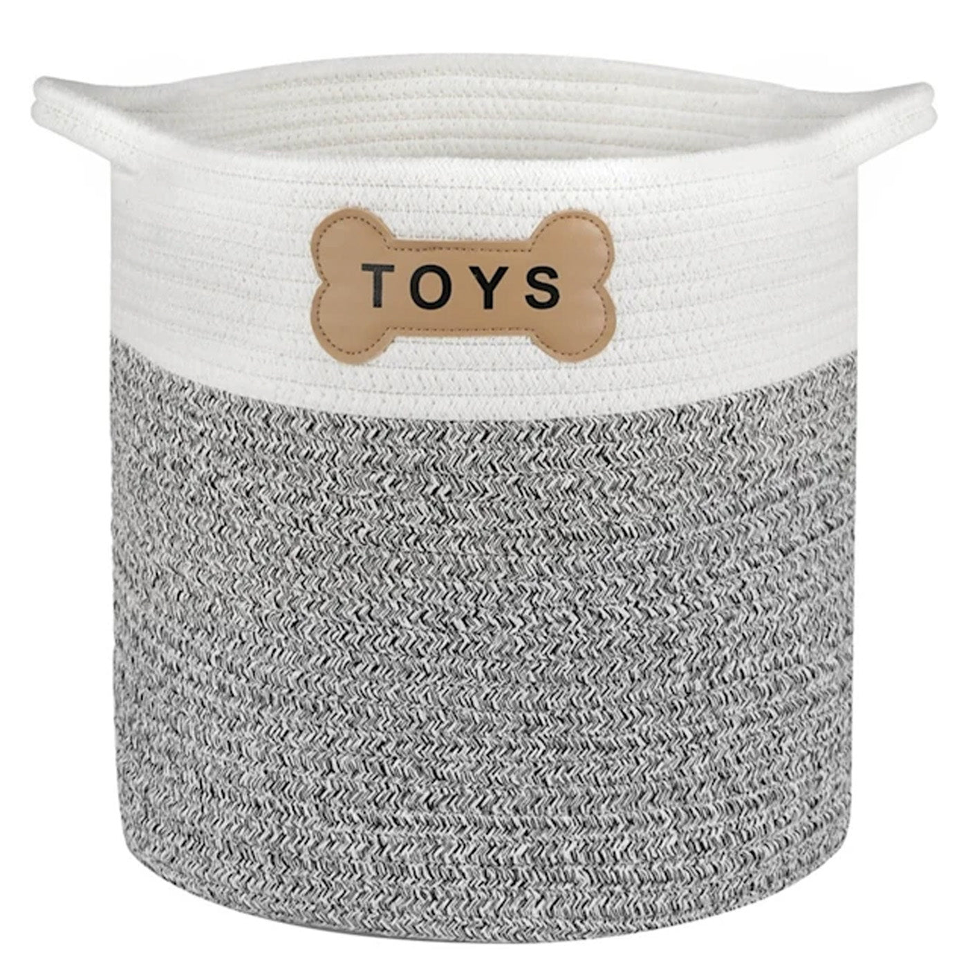 Large woven gray/white striped toy basket