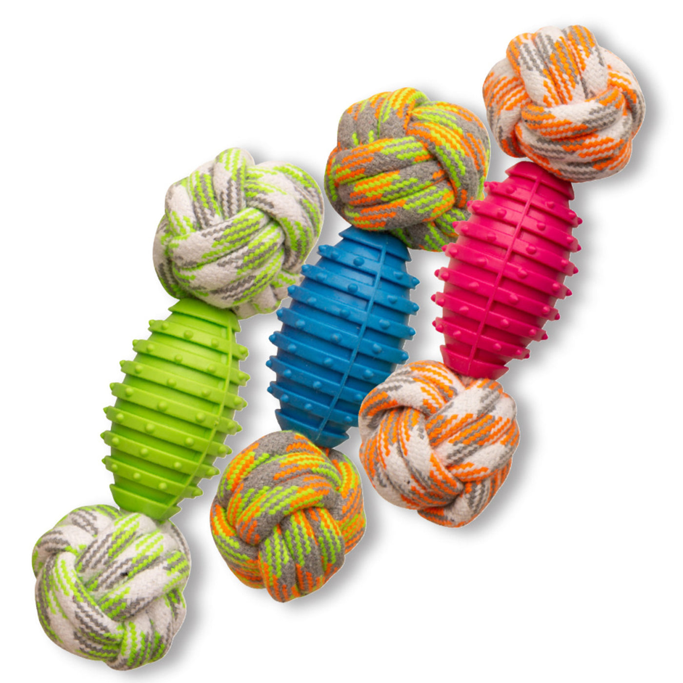 Rub toy center with knotted rope balls on both ends.