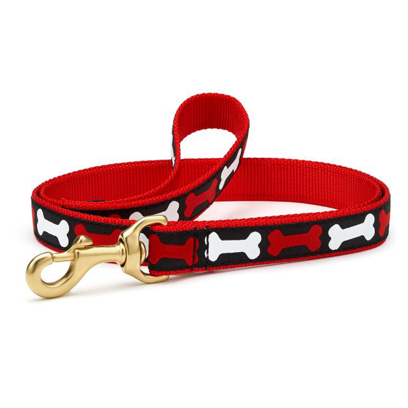 Black dog leash with red and white bones and red trim