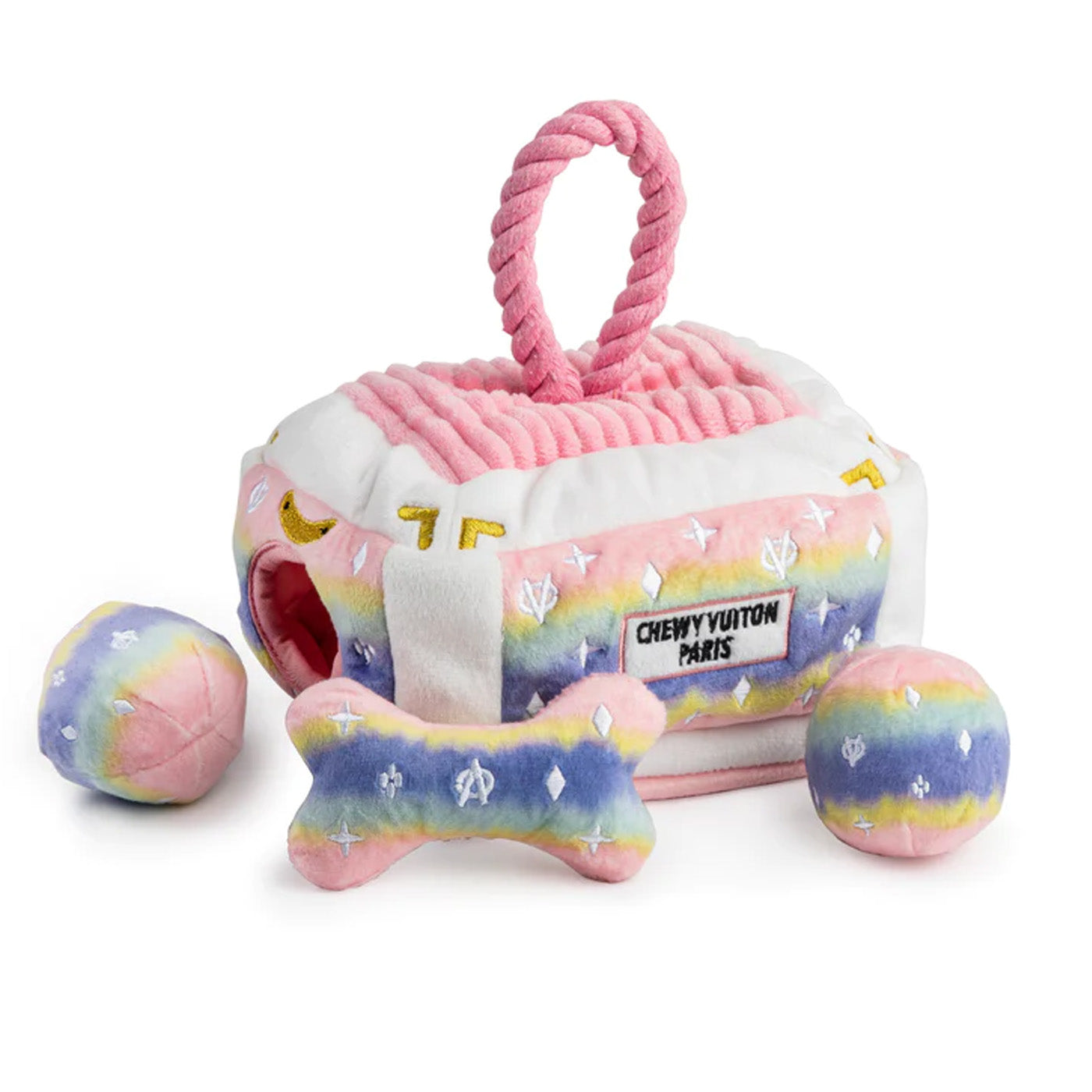 Plush pastel ombre treasure chest with 3 small toys to hide and find inside.