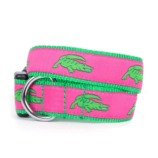 The Worthy Dog Pink Alligator Collar with metal d-ring and plastic clasp. Green nylon with bright colored green gators on pink ribbon .