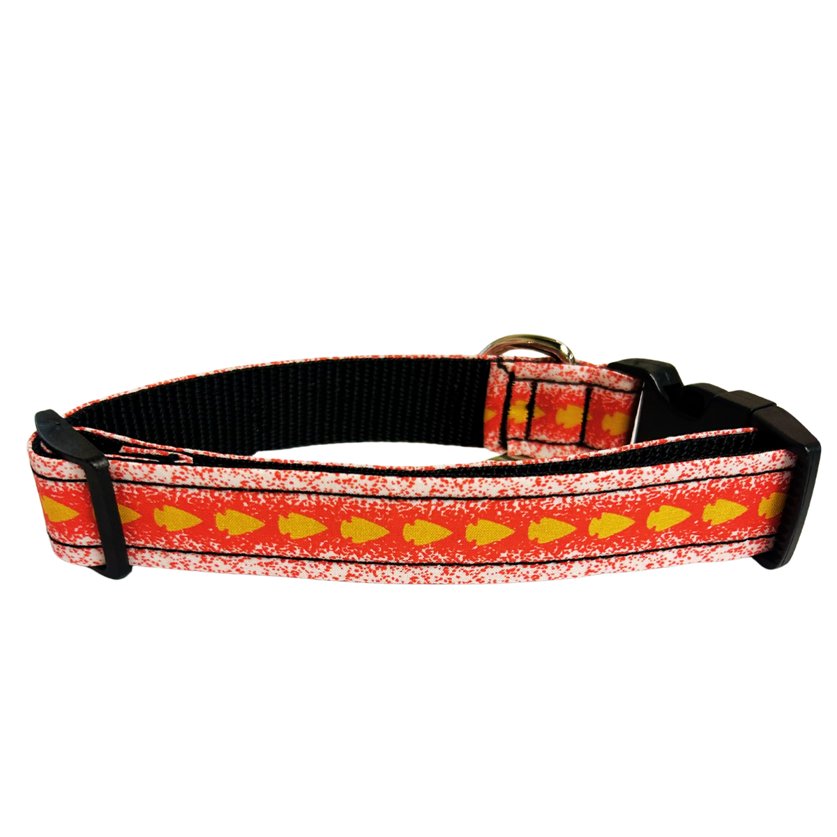 Cotton Collar with nylon black backing.  Red and white splatter with yellow arrowheads.