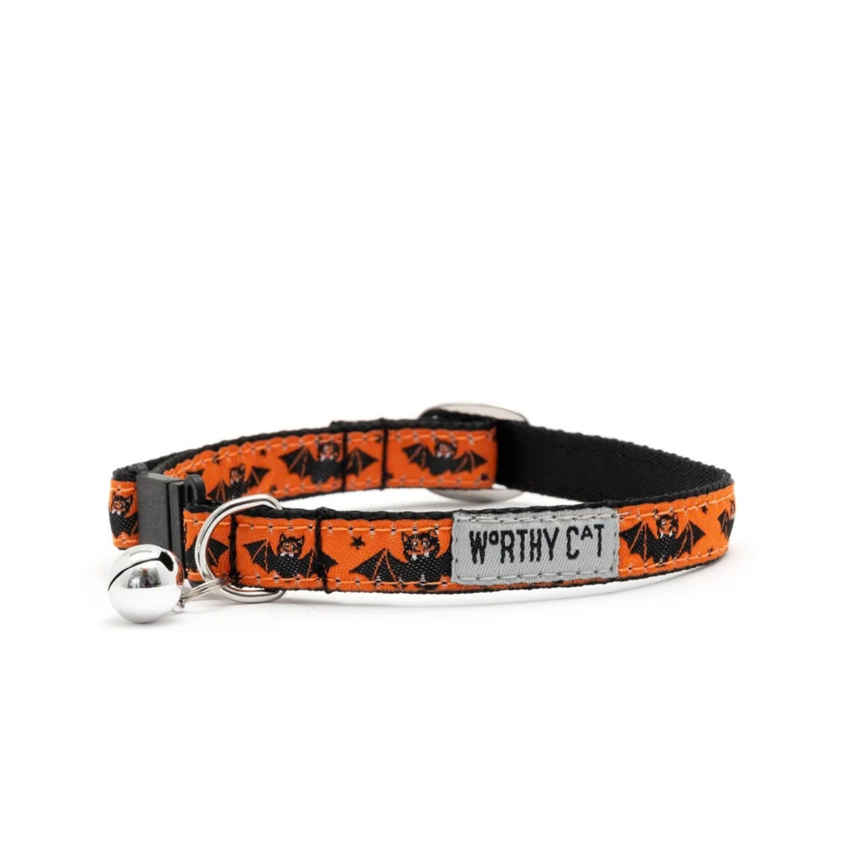 Orange ribbon with black bats on black nylon cat collar.  With silver bell and plastic break away closure.