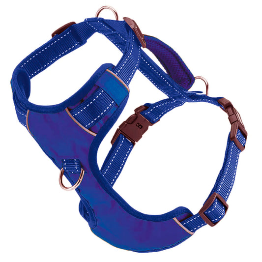 Baydog Chesapeake Step-In Harness in blue nylon straps with plastic buckles and metal d-rings.