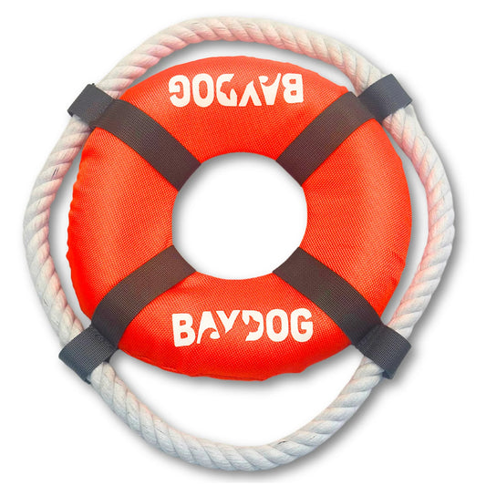 BAYDOG Fetch Ring with Rope pet toy in orange and white