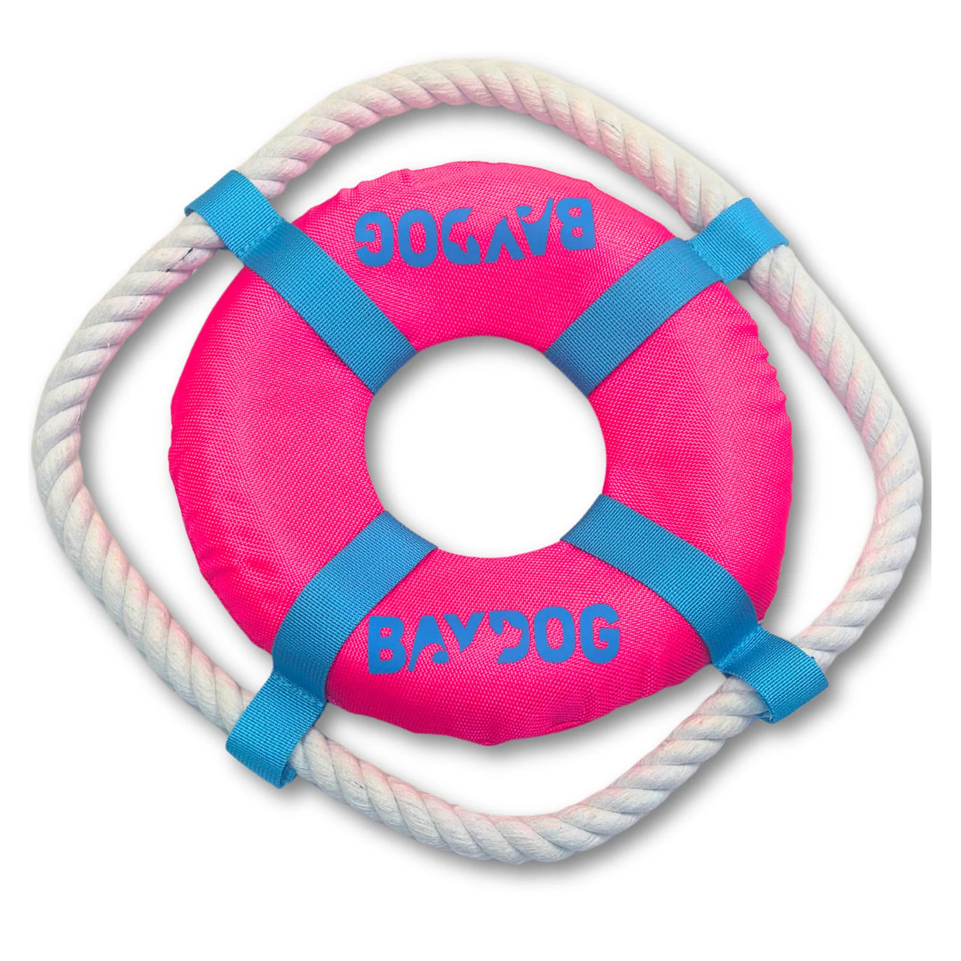 BAYDOG Fetch Ring with Rope pet toy in Pink and Blue