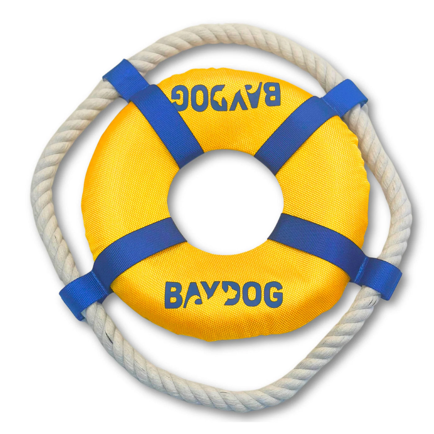 BAYDOG Fetch Ring with Rope pet toy in yellow and blue