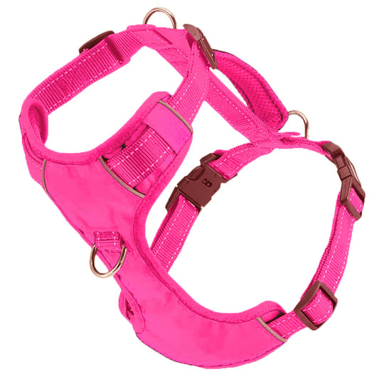 Baydog Chesapeake Step-In Harness in pink nylon straps with plastic buckles and metal d-rings.