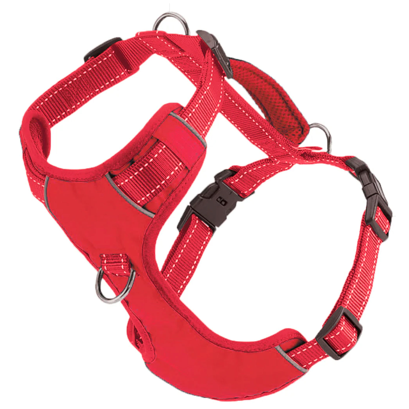 Baydog Chesapeake Step-In Harness in red nylon straps with plastic buckles and metal d-rings.