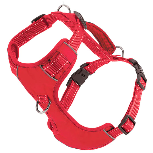 Baydog Chesapeake Step-In Harness in red nylon straps with plastic buckles and metal d-rings.