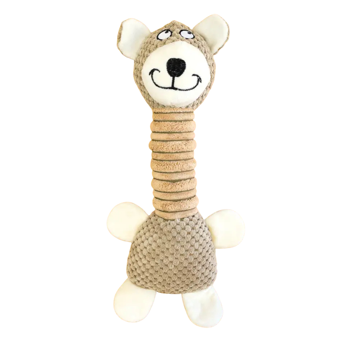 A plush dog toy shaped like a long-necked bear or cat, made from beige and off-white textured fabric with embroidered facial features, shown on a plain white background.