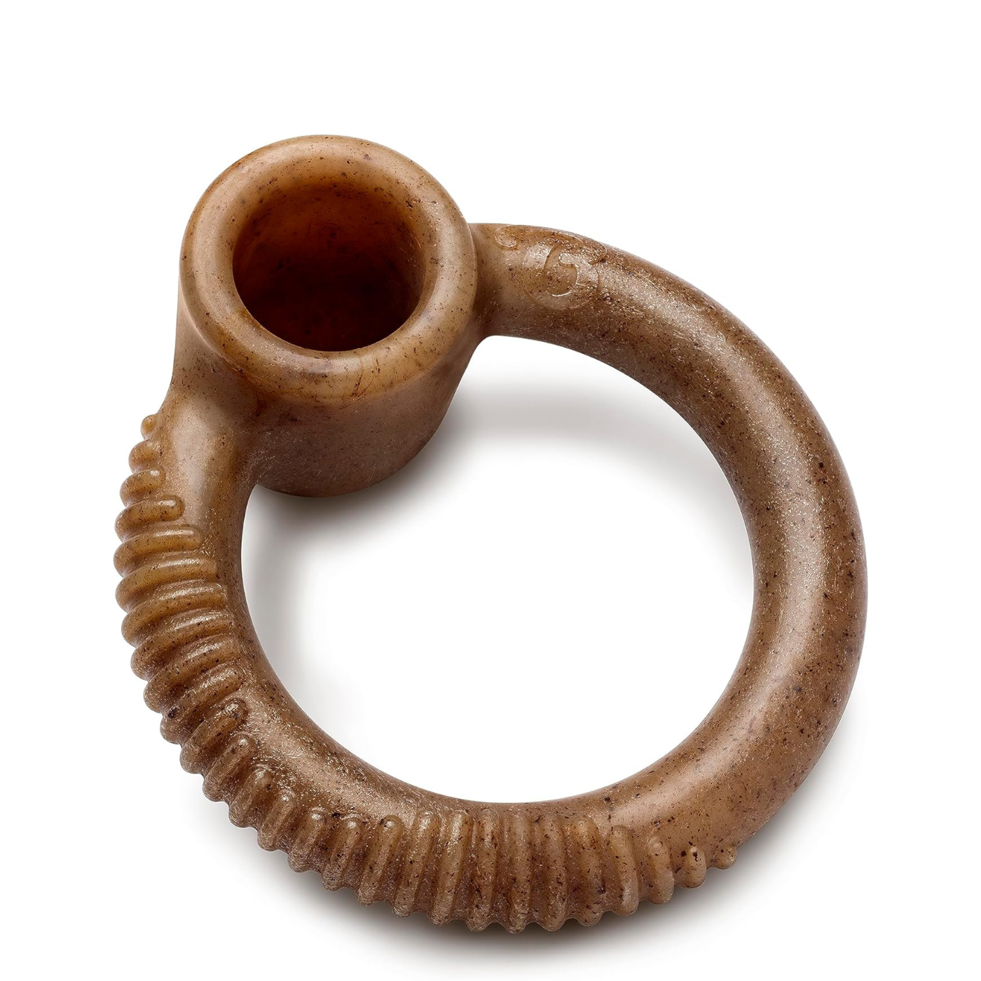 A brown textured circular bone with a ribbed stem and a small circular opening, shown on a plain white background.