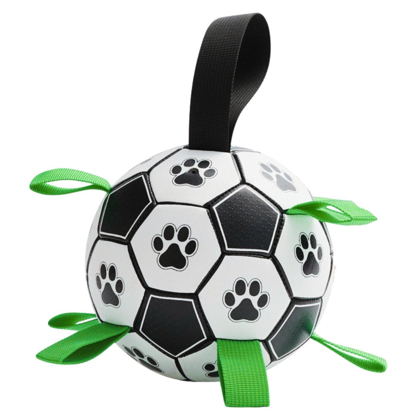 Soccer ball-shaped pet toy with paw prints and green handles on a white background