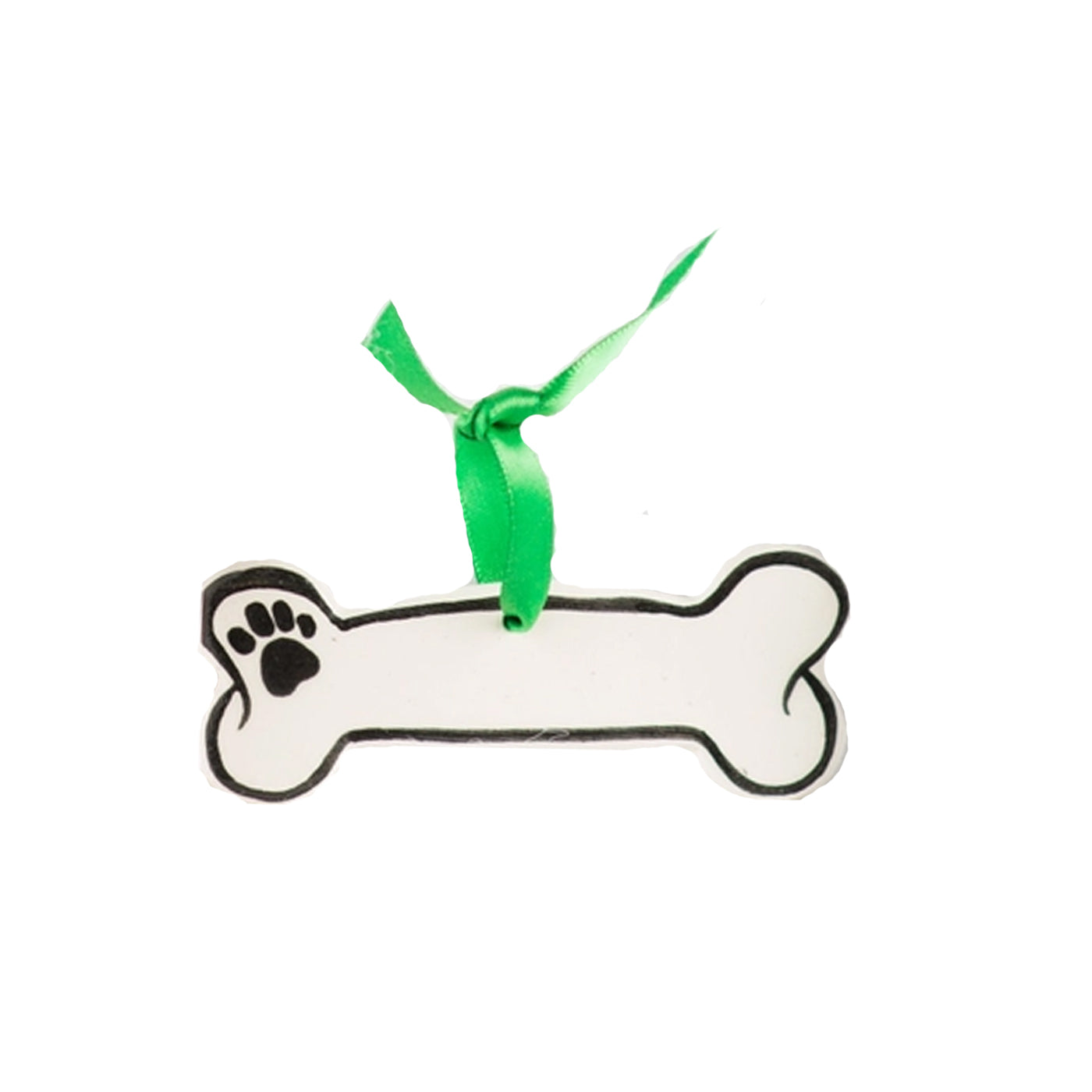 Bone-shaped tag with a paw print and green ribbon on a white background