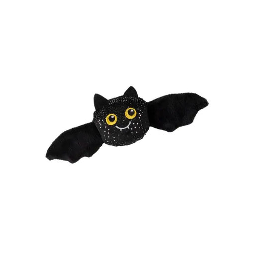 Mini plush bat squeaker dog toy with flitter fabric and yellow eyes.