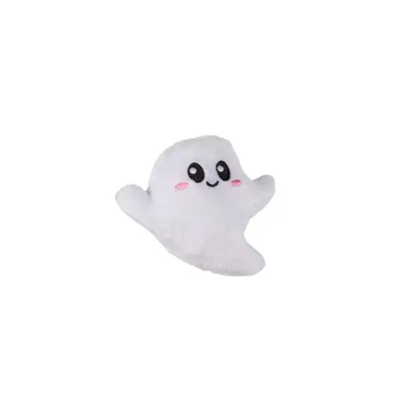 Mini plush ghost squeaker dog toy with black eyes and pink cheeks