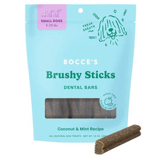 Bocce's Brushy Sticks dental bars packaging for small dogs on a white background