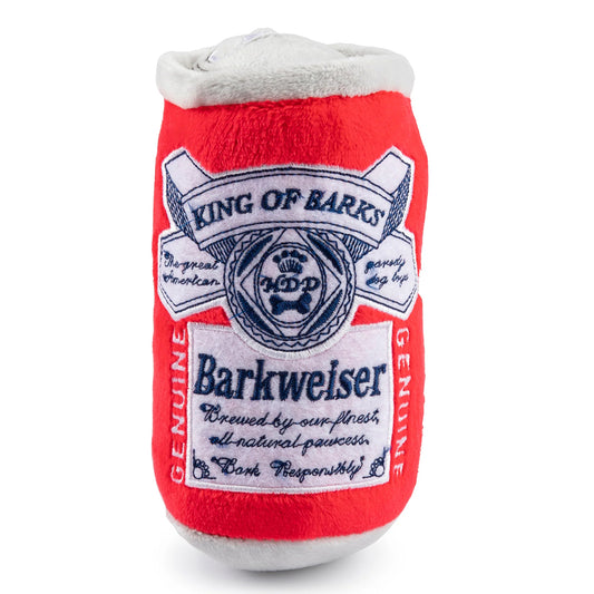 Plush Barkweiser Beer Dog toy with inner squeaker