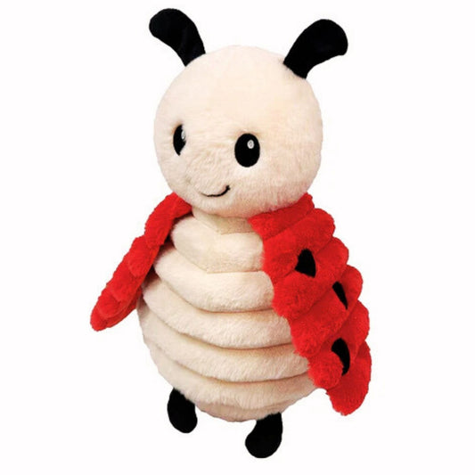 Plush toy ladybug with a white body, red shell, and black accents on a white background