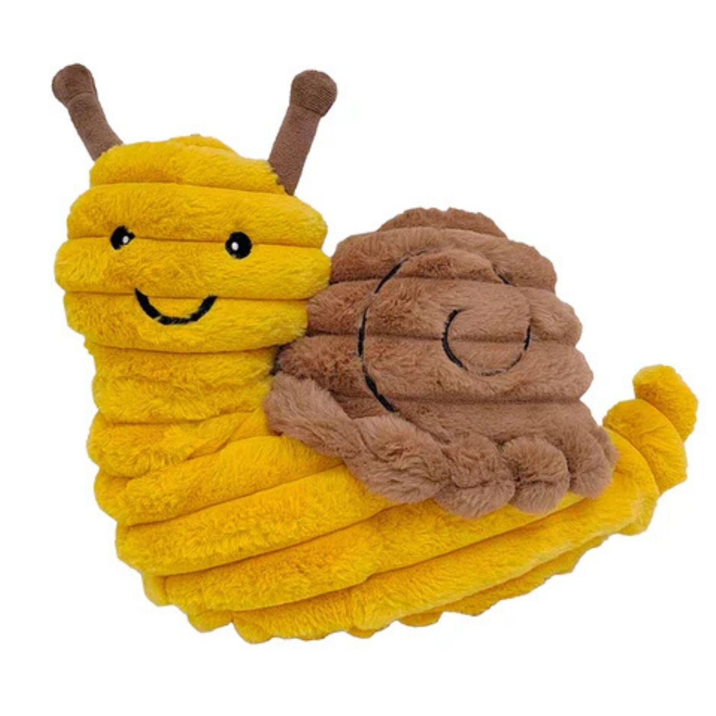 Plush toy resembling a snail with a yellow body and brown shell on a white background