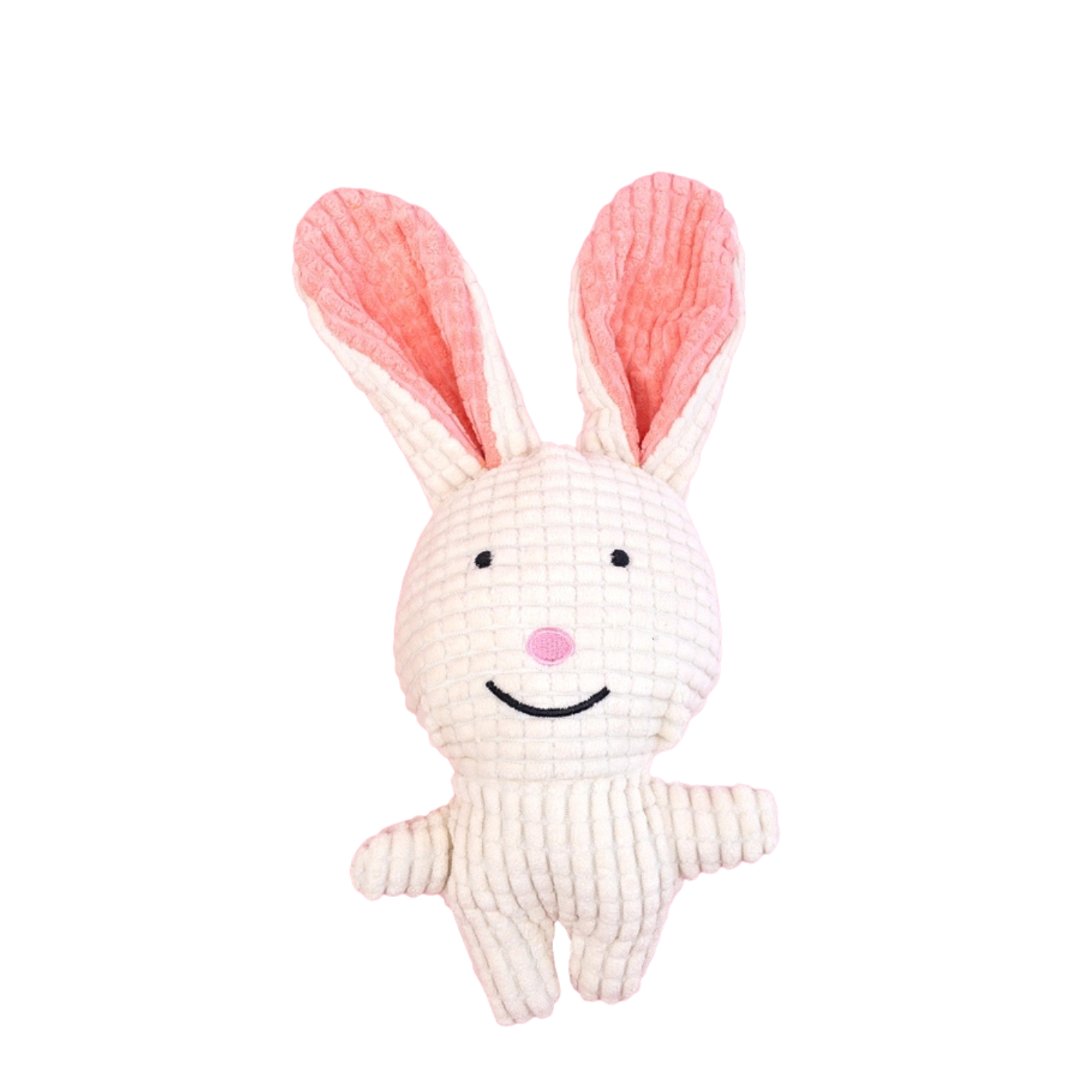 A small plush bunny toy made from textured corduroy fabric, featuring long pink-lined ears, a cream-colored body, and a simple embroidered smiley face.