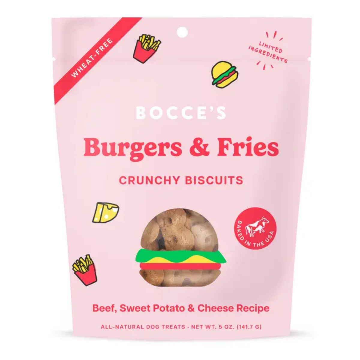 Bocce's Burgers & Fries Crunchy Biscuits dog treats in a light pink stand-up pouch. The packaging features illustrations of a hamburger, french fries, cheese, and a burger window showing the beef, sweet potato, and cheese treats inside.