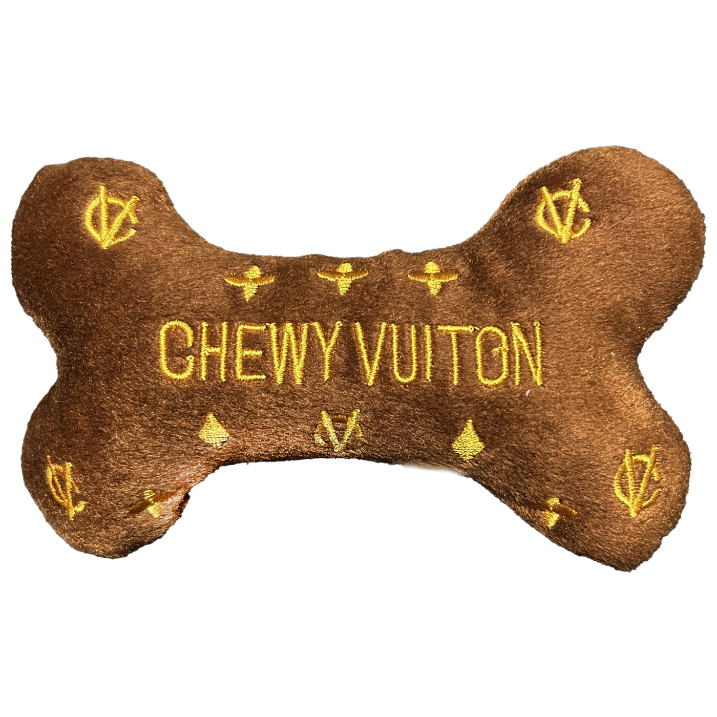 brown and gold chewy vuiton print bone shaped dog toy