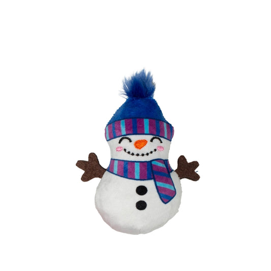 Mini Snowman plush pet toy with furry pom pom and felt hands
