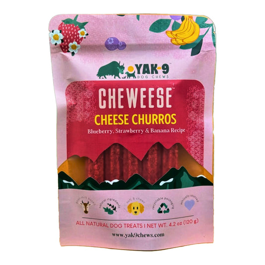Yak9 Cheweese Churro Strawberry, Blueberry and Banana Flavor made with Yak cheese and sweet potatos 