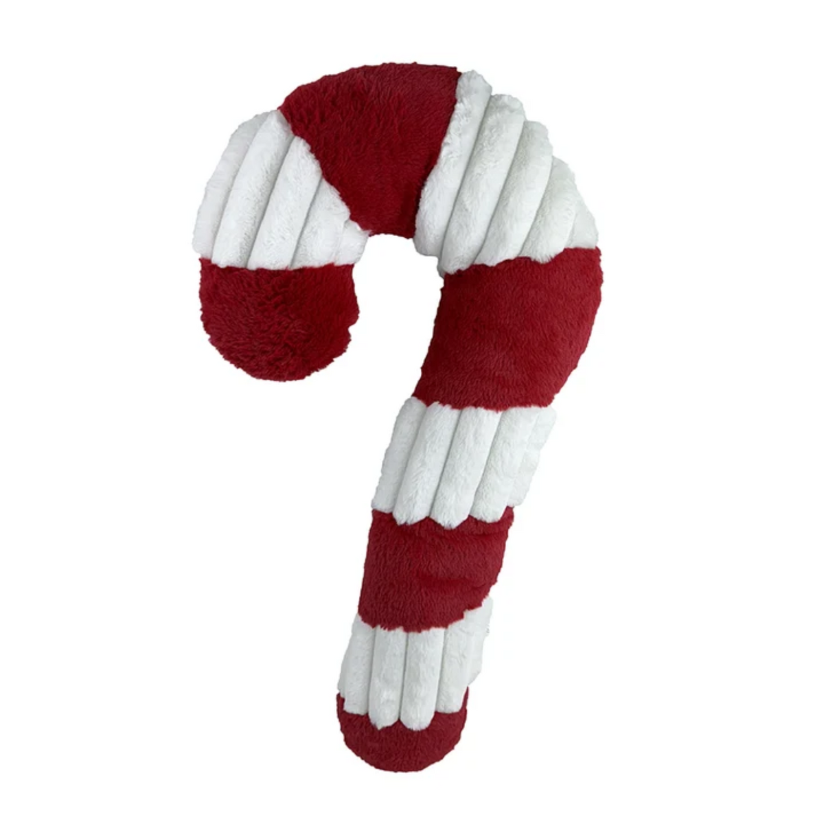 A plush candy cane-shaped dog toy with alternating red and white fuzzy stripes, shown on a plain white background.