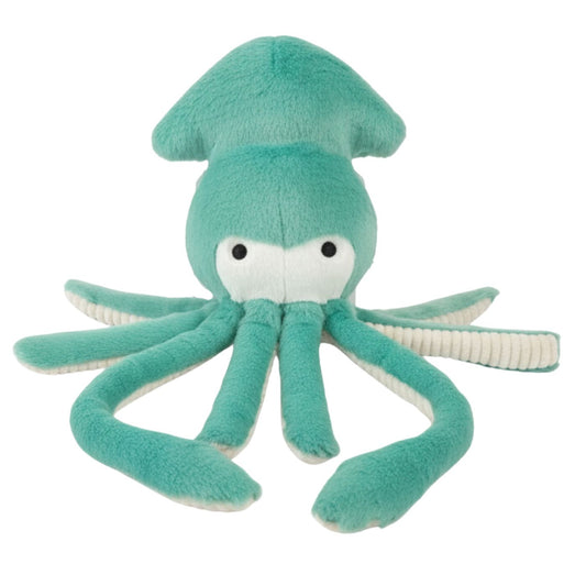 Teal plush octopus toy on a white background