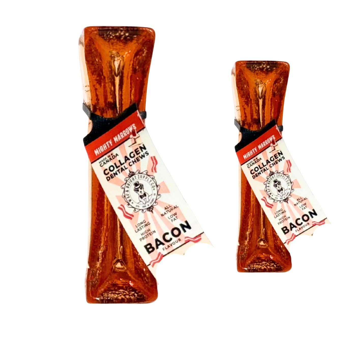 Two small rectangular smoked collage bones with amber-brown translucent bodies and white paper labels reading 'Wag + Bright' and 'Collagen Tooth Chews Bacon' on a plain white background.